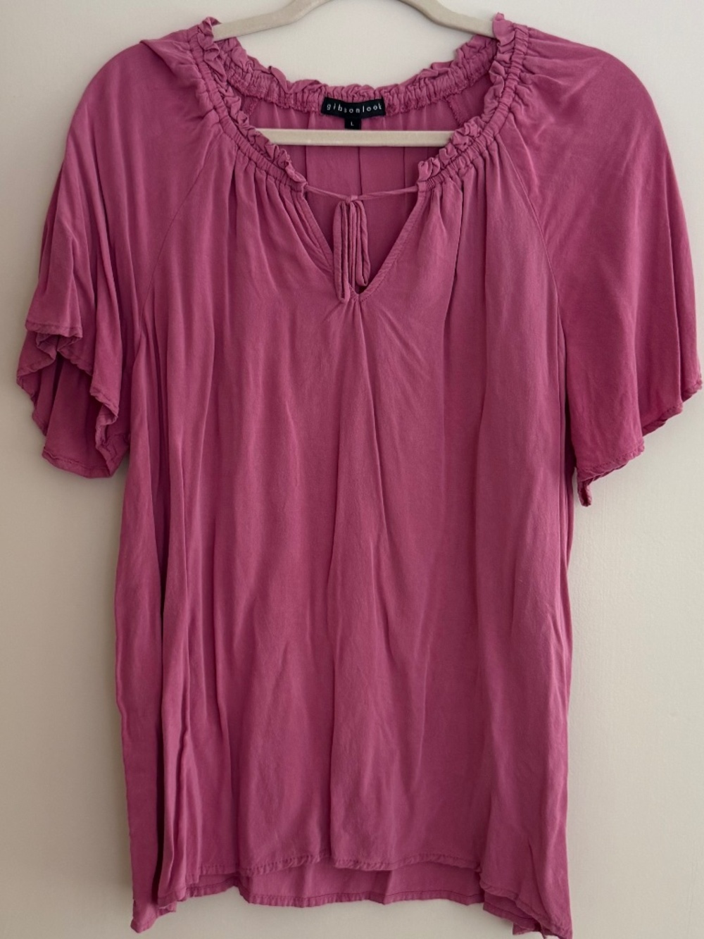 Gibsonlook Pink Split Neck Short Sleeve Tie Neck Blouse Women's Size Small L